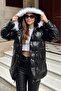 Women's Black Hooded Fur Inflatable Leather Coat 30401016 - 3