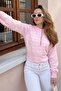 Women's Pink and White Cuffed Crew Neck Striped Knitwear Sweater 20223207