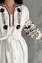 Women's White Belted Waist Short Sleeve Embroidered Bohemian Dress - 3