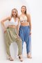 Women's Indigo Blue V-Leg Pocket Elastic Waist Woven Cotton Ethnic Baggy Trousers