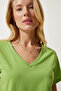 Women's Pistachio Green V-Neck Basic Knitted T-Shirt UB00261 - 2