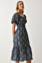 Women's Navy Blue Cream Patterned Summer Woven Dress MX00153 - 3
