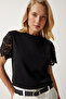 Women's Black Guipure Sleeve Knitted Blouse HF00450 - 4