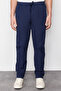 Lacivert Relaxed Fit Lastikli Beli Bağlamalı Yazlık %100 Pamuk Yumuşak Keten Pantolon TMNSS24PL00002