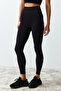 Siyah Fırçalı Toparlayıcı Mat ve Soft Kumaş Tam Boy Örme Spor Tayt THMSS24TY00025 - 4