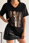 Women's Black V-Neck Large Size Foil Printed Sequin Sequin Embroidered 100% Cotton Large Size T-Shirt
