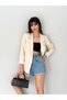 Women's Blazer Jacket with Stone Folded Sleeves and Striped Inner Lining