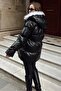 Women's Black Hooded Fur Inflatable Leather Coat 30401016 - 6