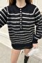 Women's Black and White Striped 11-Button Knitwear Sweater 20235067 - 2