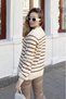 Women's White Brown Hair Braided Collar, Buttoned, Striped Knitwear Sweater 20234215 - 4