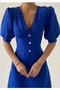 Women's Cotton Atlas Fabric Button Detail V-Neck Short Sleeve Midi Length Cobalt Blue Evening Dress 153 - 2