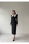 BLACK Ruffled BEBE COLLAR PEARL BUTTON DETAIL MIDI DRESS