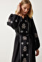 Women's Black Embroidered Linen Surface Long Woven Dress RG00017 - 5