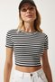 Women's Black Striped Crop Knitted T-Shirt NJ00139 - 2