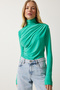 Women's Light Green Gather Detailed Stand Collar Sandy Blouse FF00135 - 3