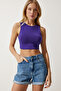 Women's Purple Halter Neck Crop Knitted Blouse OW00039 - 3