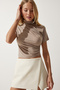 Women's Beige Ruched Mock Neck Knit Blouse RC00150 - 3