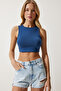 Women's Navy Blue Halter Neck Crop Knitted Blouse OW00039