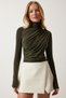 Women's Khaki Ruched Detail Mock Neck Sandy Blouse FF00135 - 3