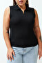 Siyah Fitted/Vücuda Oturan Polo Yaka Esnek Örme Büyük Beden Bluz TBBSS24AF00065 - 4
