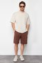 Brown Oversize/Wide Cut Hidden Cord Elastic Waist Cargo Pocket Label Shorts Tmnss24Sr00018 - 3