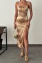 Satin Fabric Bust Draped and Slit Detailed Strap Midi Gold Dress 058 - 2