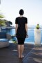 Women's Boneli Half Sleeve Half Zipper Line Patterned Tights Swimsuit Black - 2