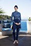 Women's Full Covered Wave Patterned Hijab Swimsuit Navy Blue - 7