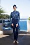 Women's Full Covered Wave Patterned Hijab Swimsuit Navy Blue