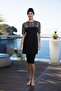 Women's Boneli Half Sleeve Half Zipper Digital Patterned Tights Swimsuit Black - 7