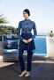 Women's Full Covered Wave Patterned Hijab Swimsuit Navy Blue - 5