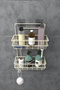 Adhesive 2 Tiers Shower Shelf Bathroom Organizer Basket with Hooks Stainless Shampoo Holder Hanging Without Punching Beige - 4