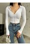 Women's Zippered Polo Neck Ribbed Long Sleeve Camisole Crop Blouse - 3
