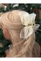 Imported Luxury Large Big Giant Organza Tulle Bow Feathered Rhinestone Clothespin Clip Buckle Beige Cream White - 3