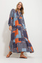 Women's Blue-Orange Chief Collar Shawl Patterned Maxi Length Dress Alc-X11593 - 3