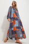 Women's Blue-Orange Chief Collar Shawl Patterned Maxi Length Dress Alc-X11593 - 4