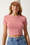 Women's Dark Orange Striped Crop Knitted T-Shirt NJ00139 - 3