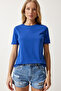 Women's Blue Crew Neck Basic Knitted T-Shirt UB00229