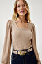 Women's Cream Square Collar Textured Knitted Blouse DD01111