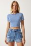 Women's Blue Striped Crop Knitted T-Shirt NJ00139 - 3
