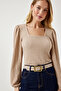 Women's Cream Square Collar Textured Knitted Blouse DD01111 - 2