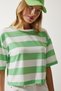Women's White Green Crew Neck Striped Crop Knitted T-Shirt HF00452 - 3