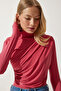 Women's Candy Pink Gather Detailed Stand Collar Sandy Blouse FF00135 - 3