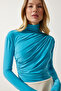 Women's Turquoise Gather Detailed Stand Collar Sandy Blouse FF00135