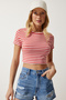 Women's Dark Orange Striped Crop Knitted T-Shirt NJ00139