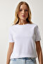 Women's White Crew Neck Basic Knitted T-Shirt UB00229 - 3