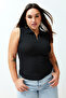 Siyah Fitted/Vücuda Oturan Polo Yaka Esnek Örme Büyük Beden Bluz TBBSS24AF00065 - 2