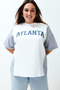 White Oversize Slogan Printed Sleeve Striped Poplin Detail 100% Cotton Knitted T-Shirt Tbbss24Bf00017 - 2