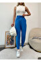 Women's Blue Modal Mixed Fabric Striped Baggy Trousers with Elastic Waist Pockets - 8