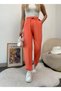Women's Orange Modal Mixed Fabric Striped Baggy Trousers with Elastic Waist Pockets - 6